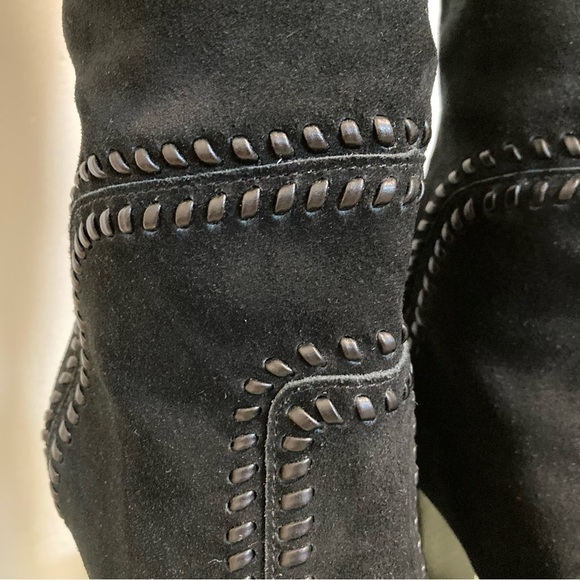 NWOB Report Liola Black Suede Leather Woven Boho Over the Knee Heel Boots - Picture 10 of 16